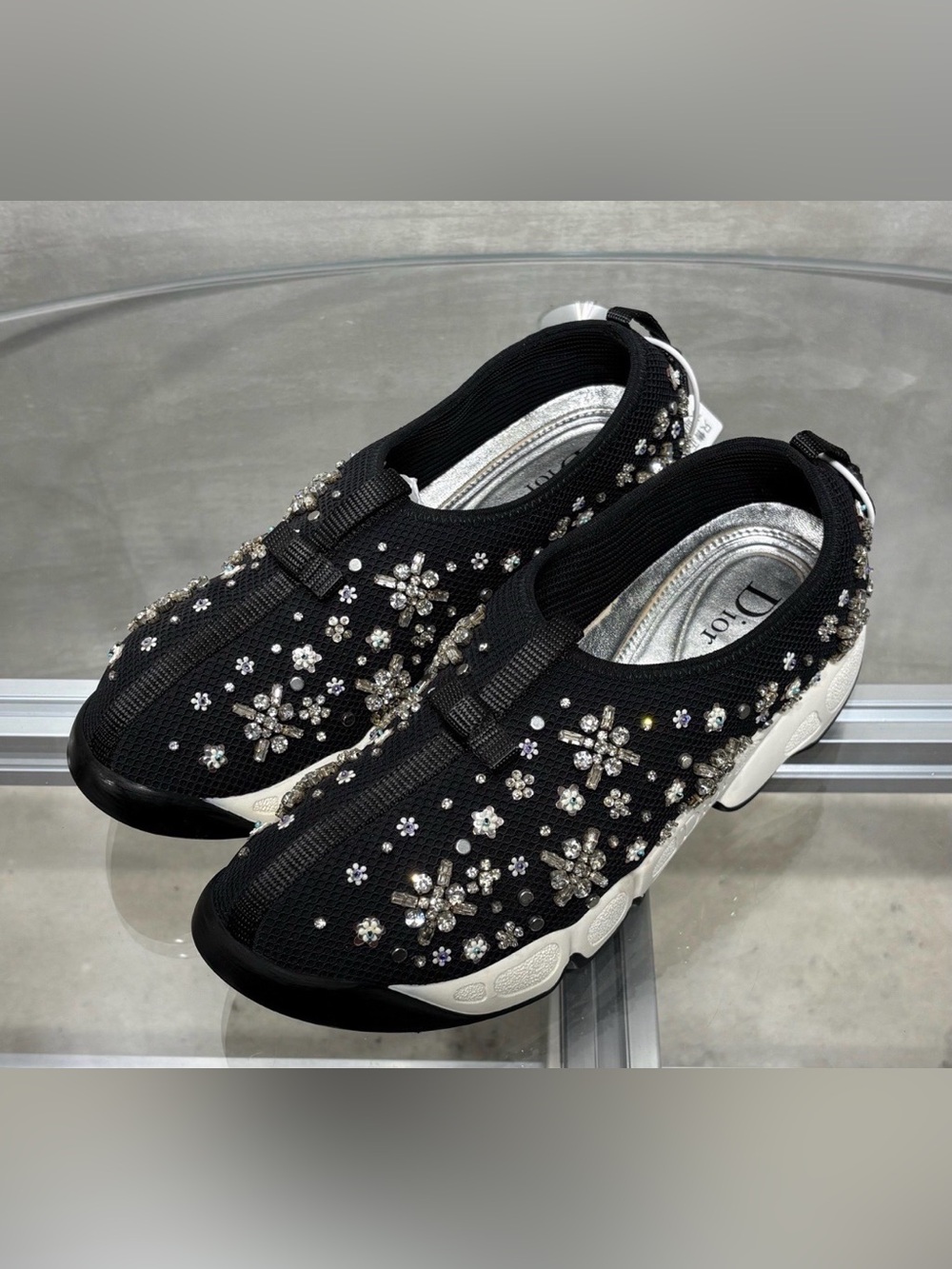 🚩steal Dior Black Crystal Floral Slip-On Sneakers